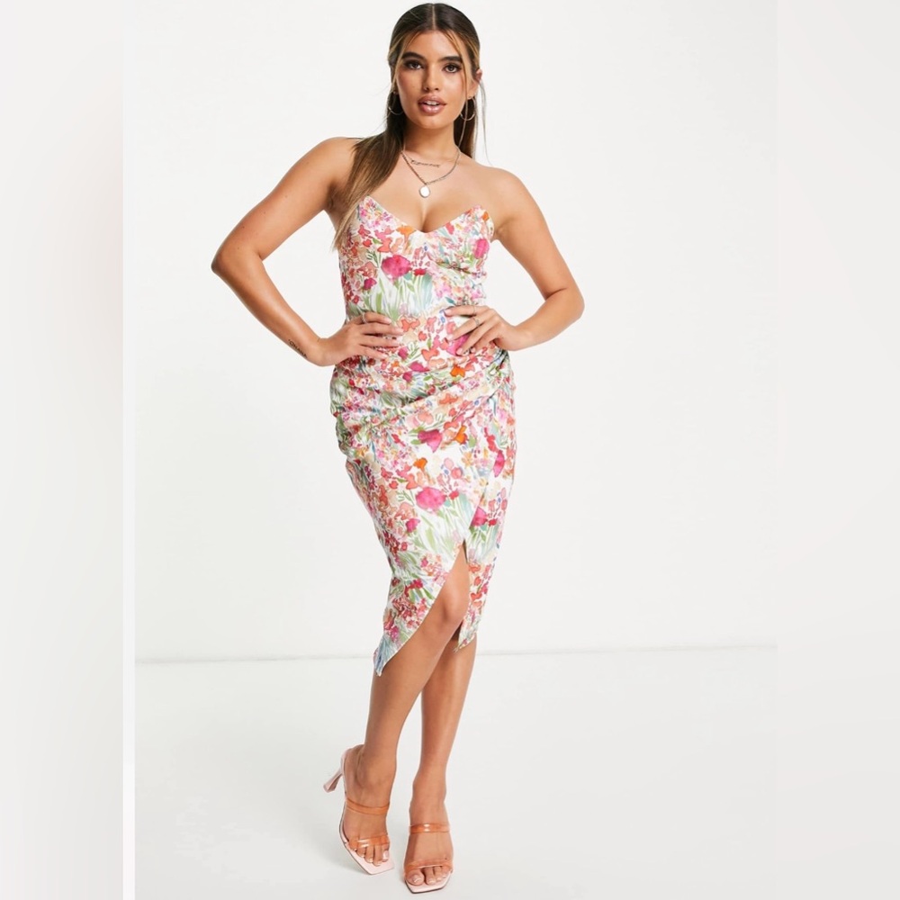ASOS DESIGN Bandeau w/Straps Wrap Tuck Midi Dress in Painted Floral Print